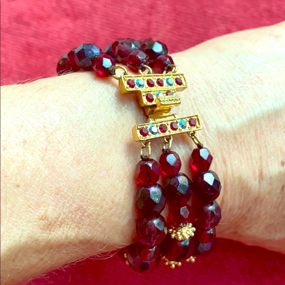 Antique Royal Ruby Rhinestone Triple Bracelet New - image 1
